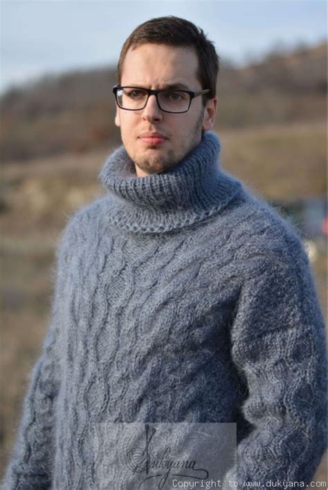 Handmade Mohair Mens Sweater Tneck Cabled Jumper TM68