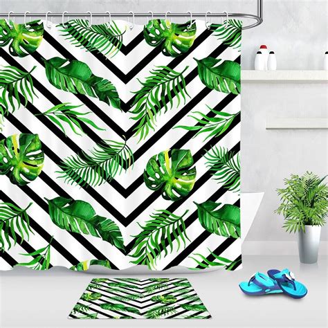 Elevate Your Bathroom Decor With A Tropical Leaf And Stripe Shower