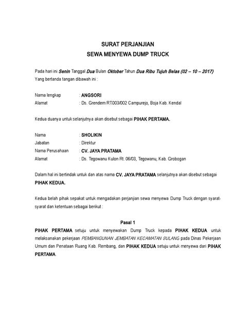 Contoh Surat Perjanjian Sewa Dump Truck 58 Koleksi Gambar