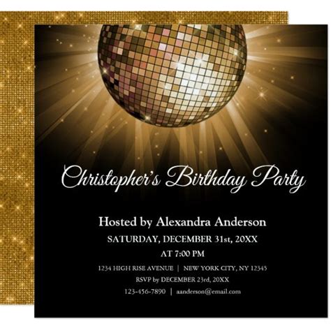 Any Age Birthday Party Gold Sparkle Disco Ball Invitation