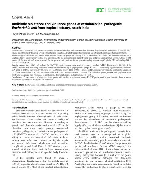 Pdf Antibiotic Resistance And Virulence Genes Of Extraintestinal Pathogenic Escherichia Coli