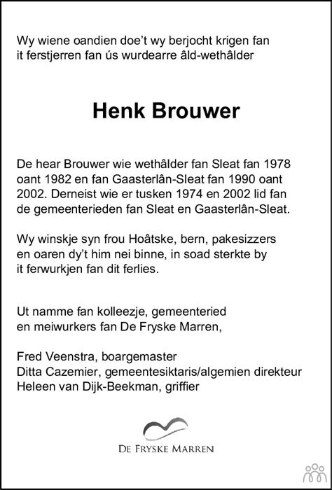 Hendrik Henk Brouwer Overlijdensbericht En Condoleances