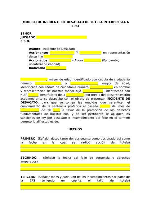 Desacato Derecho de petición MODELO DE INCIDENTE DE DESACATO DE