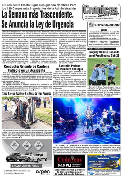 Diario Cr Nicas De Mercedes Soriano Uruguay Tapa Lunes Enero