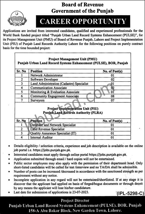 Board Of Revenue Government Of The Punjab Jobs July 2023 Advertisement