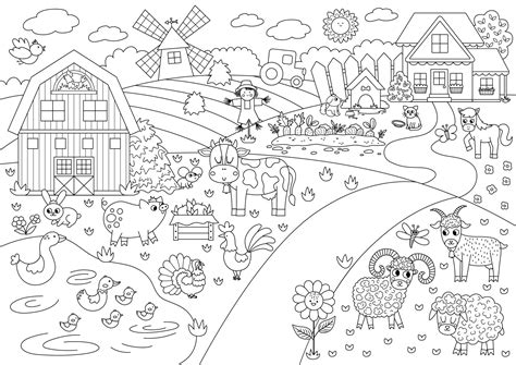 Vector Black And White Farm Landscape Illustration Outline Rural