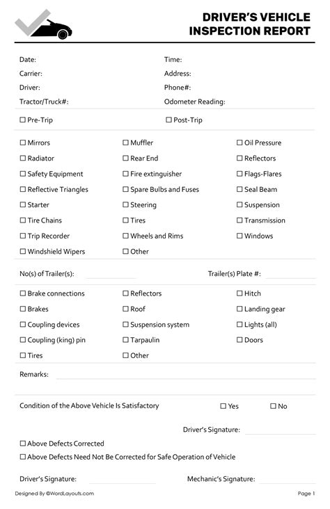 Drivers Vehicle Inspection Report Template Printable