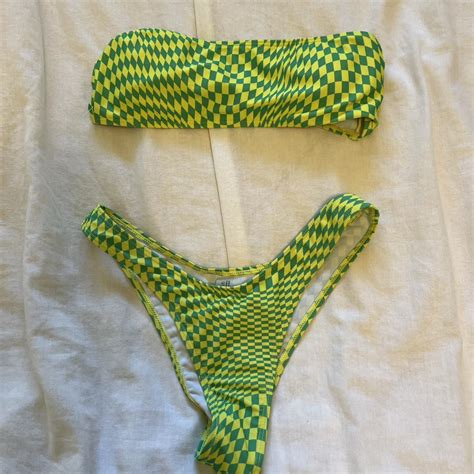 Green And Yellow Checkered Bikini No Noticeable Depop