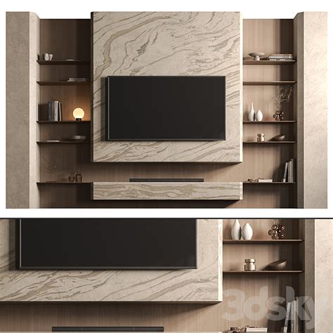 Tv Wall Stone And Wood Set Tv Wall D Model