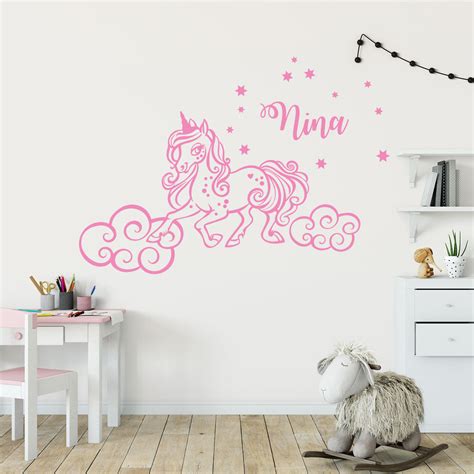 Sticker Pr Nom Personnalis Licorne Nuages Et Les Toiles Chambre