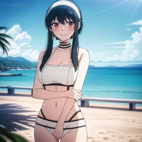 Hentai Busty Alluring Bare Legs Beach Big Breasts Bikini Black Hair