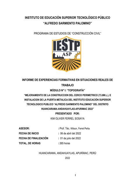 Informe De Experiencias Formativas En Situaciones Reales De Trabajo