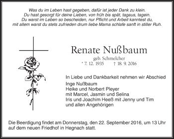 Traueranzeigen von Renate Nußbaum ZVW Trauer