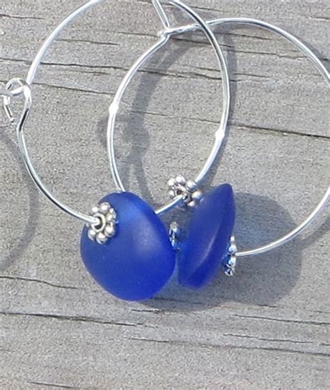 Sea Glass Hoop Earrings Cobalt Blue By Wave Of Life Etsy