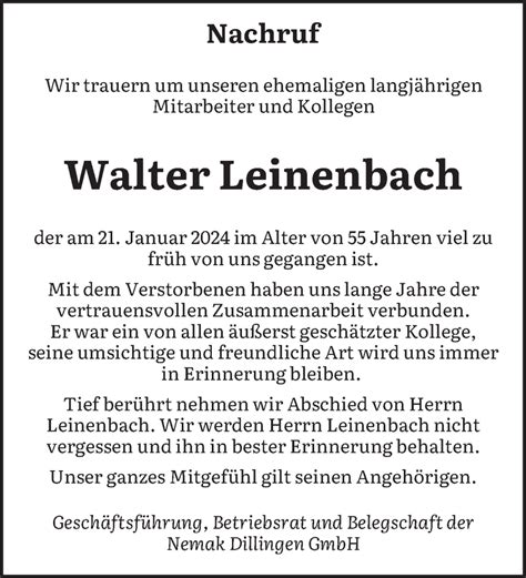 Traueranzeigen Von Walter Leinenbach Saarbruecker Zeitung Trauer De