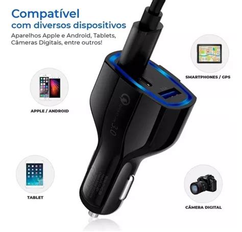 Carregador Veicular Turbo Ultra Rápido 4a 2 Usb E 1 Usb c Nf