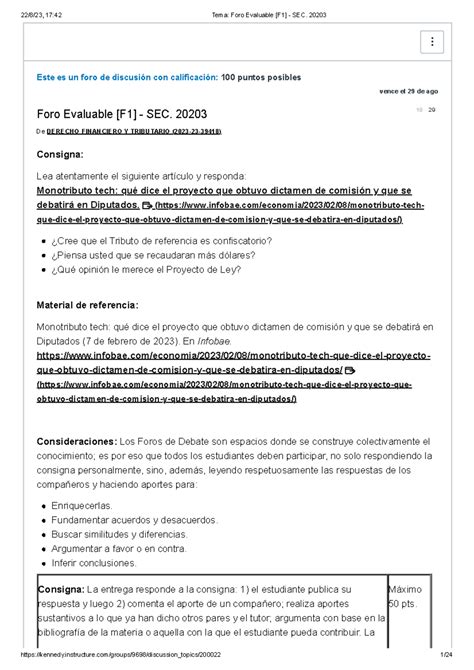 Tema Foro Evaluable F1 SEC 20203 Este es un foro de discusión