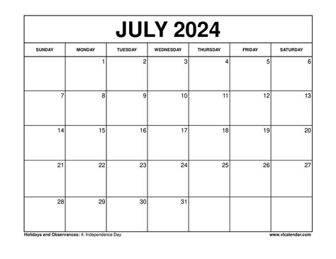 July Calender 2024 Printable Calendar 2024