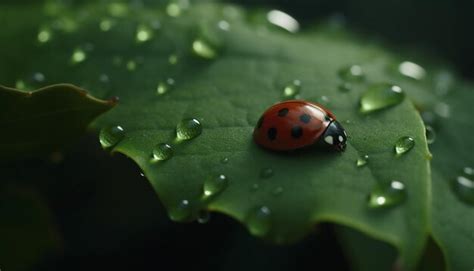 Premium Ai Image Ladybug On Green Leaf Macro Dew Drop Beauty In