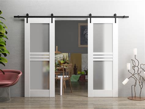 Modern Double Barn Door With Opaque Glass 4 Lites Mela 7222 Matte White 13ft Rail Track Set