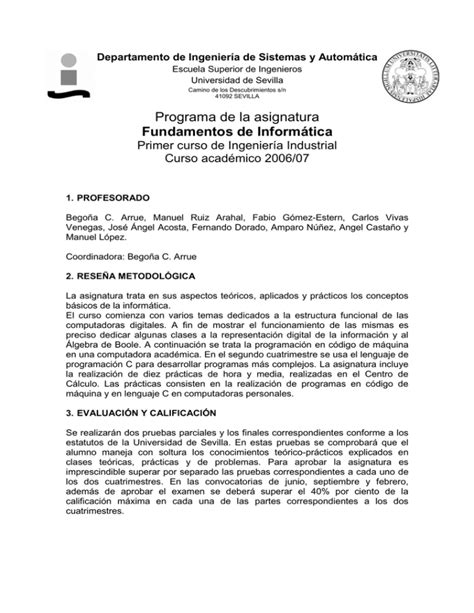 Programa de la asignatura Fundamentos de Informática