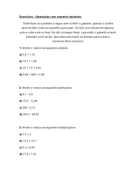 Operações Com Numeros Decimais Exercicios - Exercícios Operações Com Números Decimais | PDF