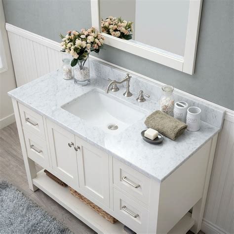 White Shaker 48 Bathroom Vanity 2 Drawers 2 Sinks Open Shelf W Marble