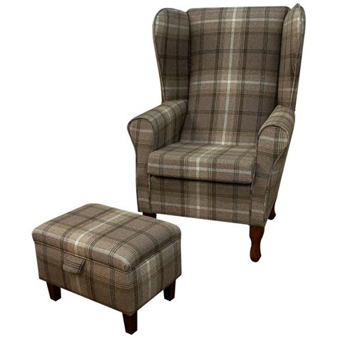 Chocolate Tartan Tall High Back Fireside Armchair Storage Footstool