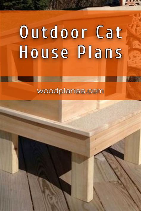 An Outdoor Cat House Plans Sitting On A Wooden Deck With Text Overlay