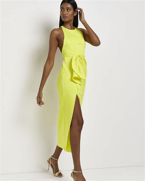 River Island Yellow Gathered Bodycon Maxi Dress Lyst