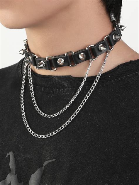 Fashionable And Popular Men Spiked Chain Decor Choker PU For Vacation