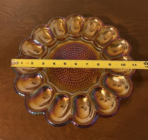 Vtg Indiana Carnival Glass Iridescent Amber 11” Hobnail Deviled Egg Dish Platter Ebay