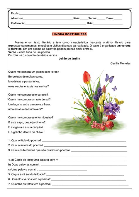 Interpretacao De Poema - 👍Poema: leitura, interpretação e gramática Atividade com poema para ...
