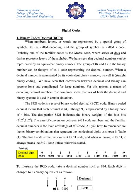 Binary Coded Decimal Bcd College Of Engineering First Stage 2nd Semester Dept Of