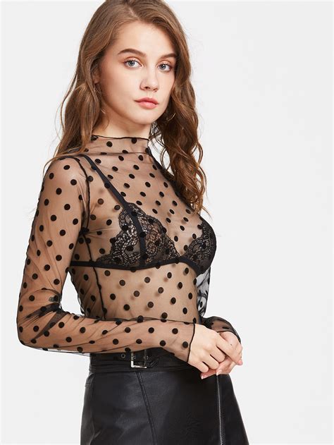 Textured Dots Sheer Top Shein Sheinside