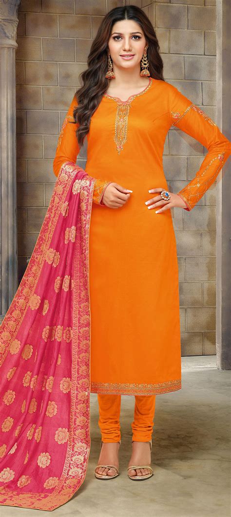 Party Wear Orange Color Cotton Fabric Salwar Kameez 1573477