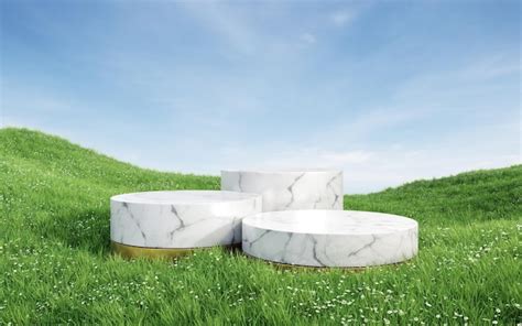 Premium Photo Empty Round White Marble Podium With Gold Base On Grass