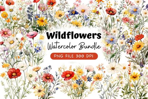 Vintage Wildflowers Watercolor Clipart Bundle