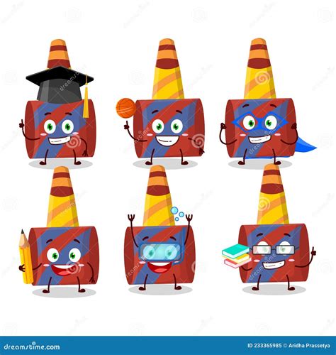 School Student Of Red Party Blower Cartoon Character With Various