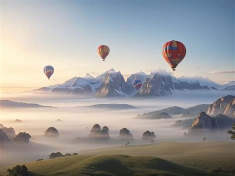 Premium Ai Image Landscape Of Morning Fog And Mountains With Hot Air