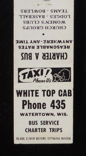 1940s Taxi White Top Cab Bus Service Charter Trips Phone 435 Watertown