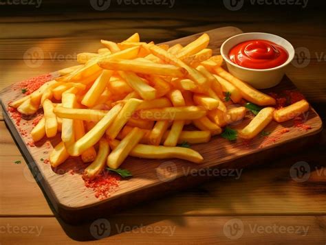 French Fries With Tomato Sauce On Wooden Board Ai Generative