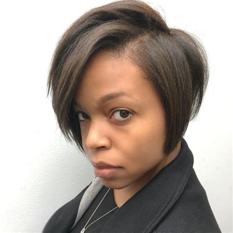 Dark Brunette Asymmetric Bob With Undercut Sides And Side Swept Bangs