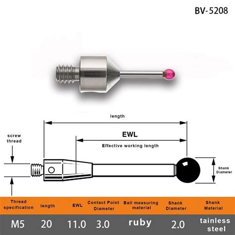 CMM Touch Probe Stylus 3mm Red Gemstone Ball M5 Thread 20mm Length BV