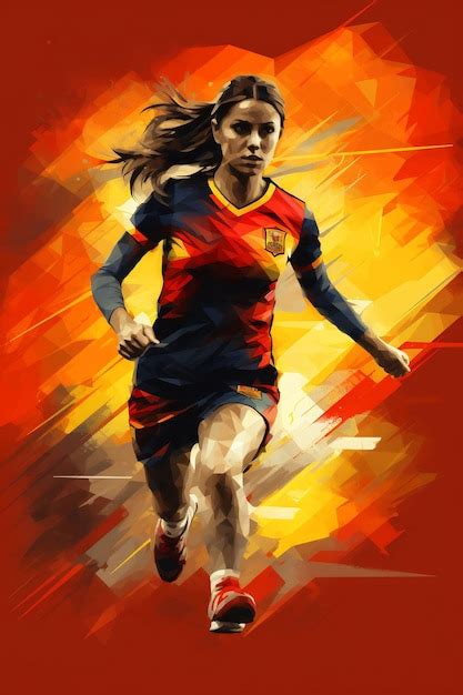 Una pintura de una atleta corriendo con un uniforme de fútbol rojo y