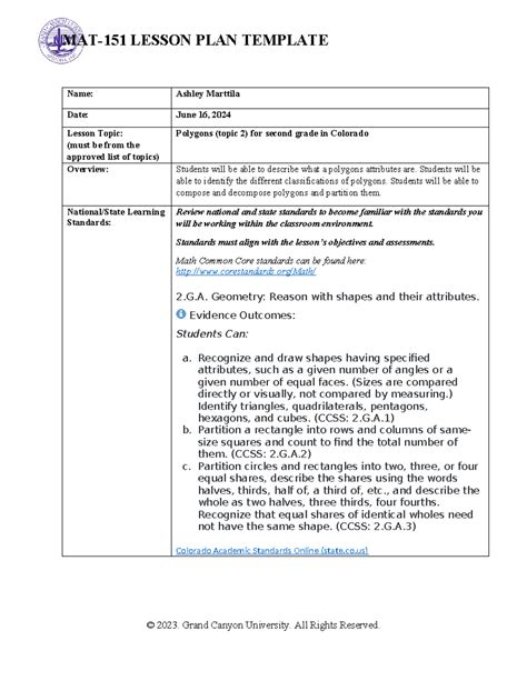 MAT 151 Lesson Plan Template MAT 151 LESSON PLAN TEMPLATE Name