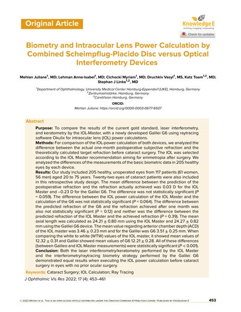 PDF Biometry And Intraocular Lens Power Calculation By Combined