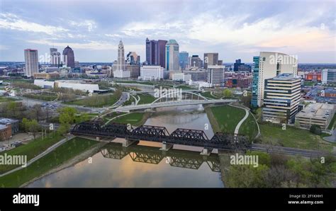 Aerial View Over The Columbus Ohio Skyline Featuring Scioto River Stock