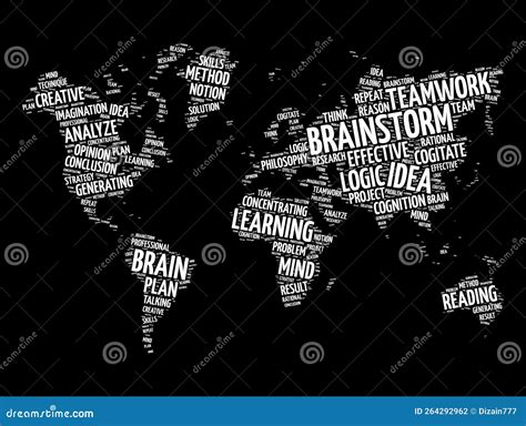 Brainstorm Word Cloud In Shape Of World Map Concept Background Stock