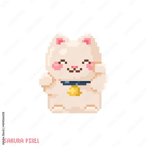 Vecteur Stock Pixel Art Lucky Neko Cat Icon Vector 8 Bit Style